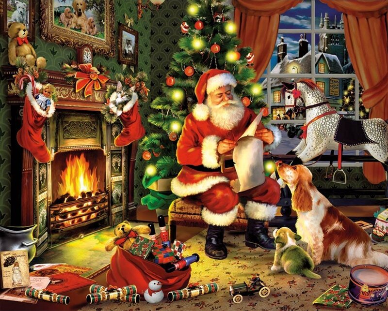 Santa Claus Reading Letter — Red, Festive, Night, Illustration, Christmas Tree