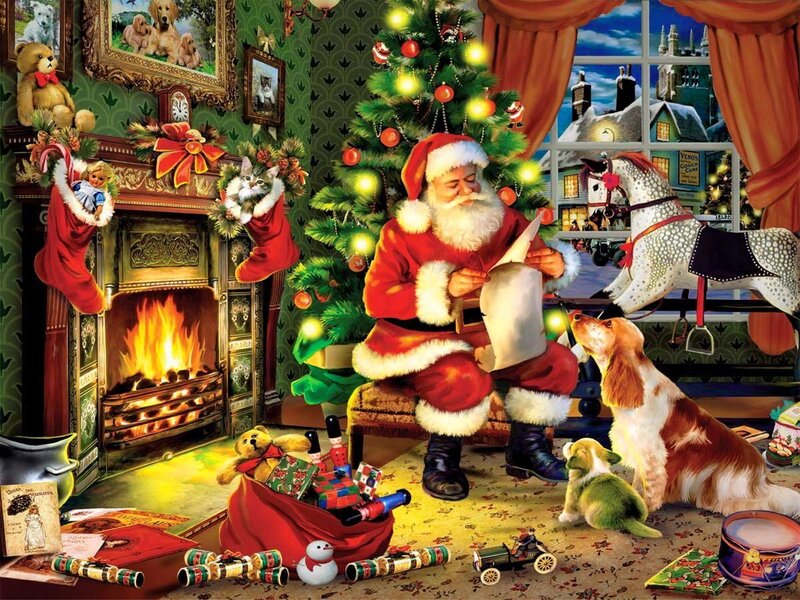 Santa Claus Reading Letter — Red, Festive, Night, Illustration, Dog