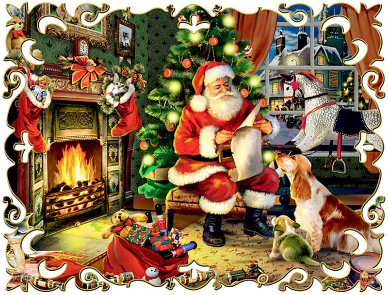 Santa Claus Reading Letter — Red, Festive, Night, Illustration