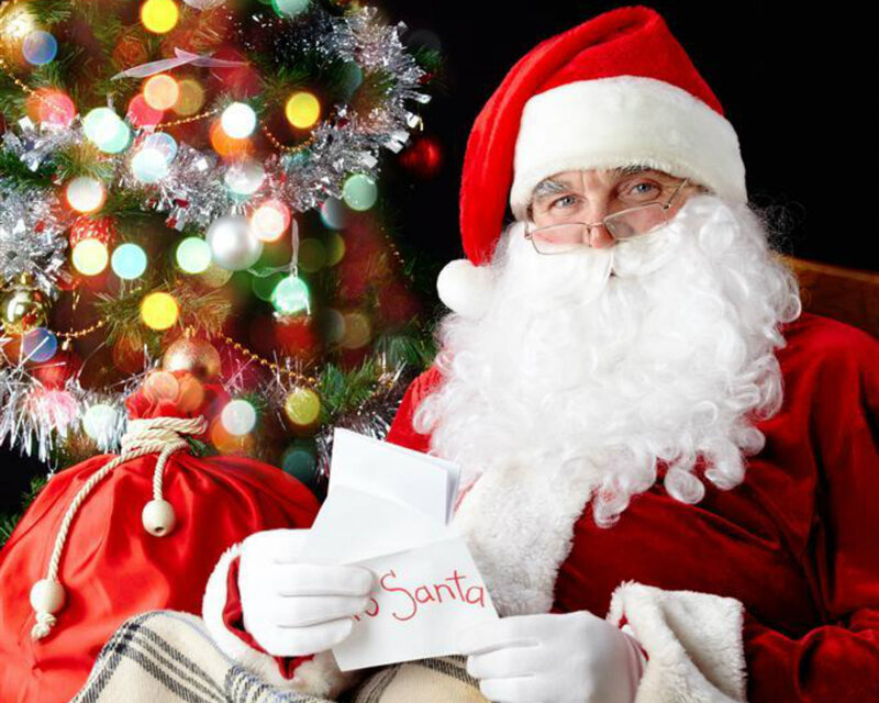 Santa Claus Reading Letter — Red, Festive, Winter, Photograph, Christmas Tree