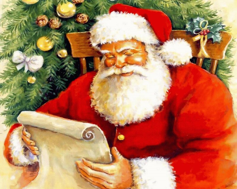 Santa Claus Reading List — Red, Festive, Winter, Illustration