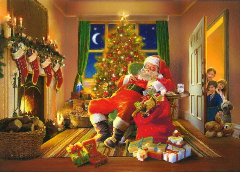 Santa Claus Sleeping — Red, Cozy, Night, Illustration