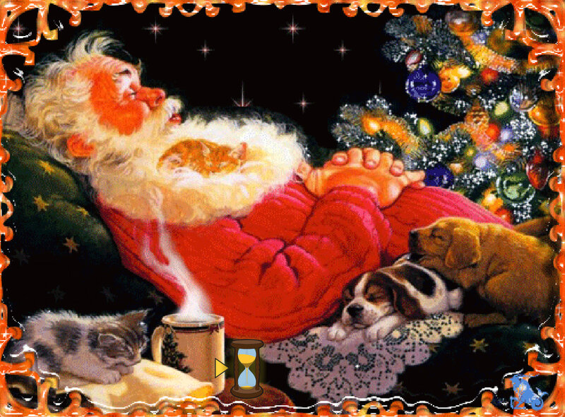 Santa Claus Sleeping — Red, Peaceful, Night, Illustration, Cat