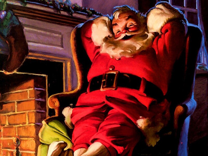 Santa Claus Sleeping — Red, Peaceful, Night, Painting, Armchair