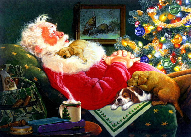 Santa Claus Sleeping — Red, Peaceful, Night, Painting, Puppies