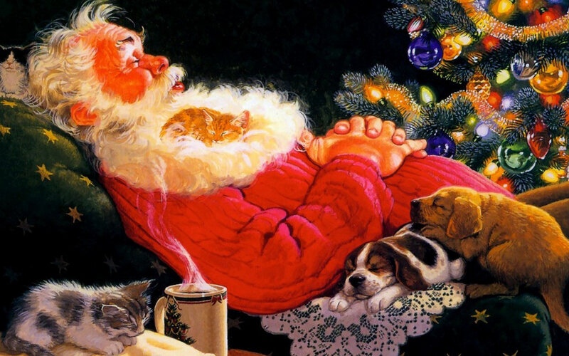 Santa Claus Sleeping — Red, Peaceful, Night, Painting