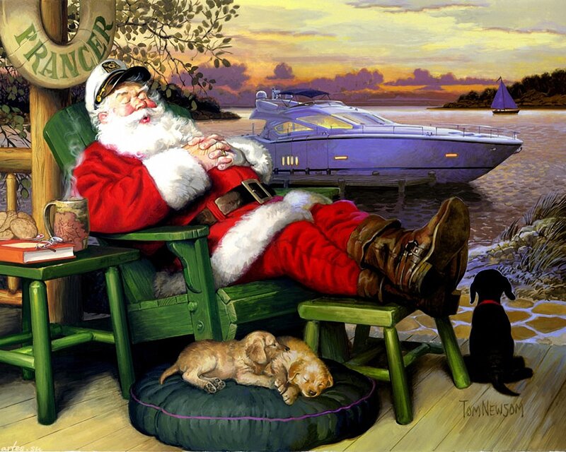 Santa Claus Sleeping — Red, Serene, Sunset, Painting