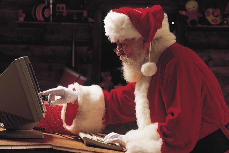 Santa Claus Using Computer — Red