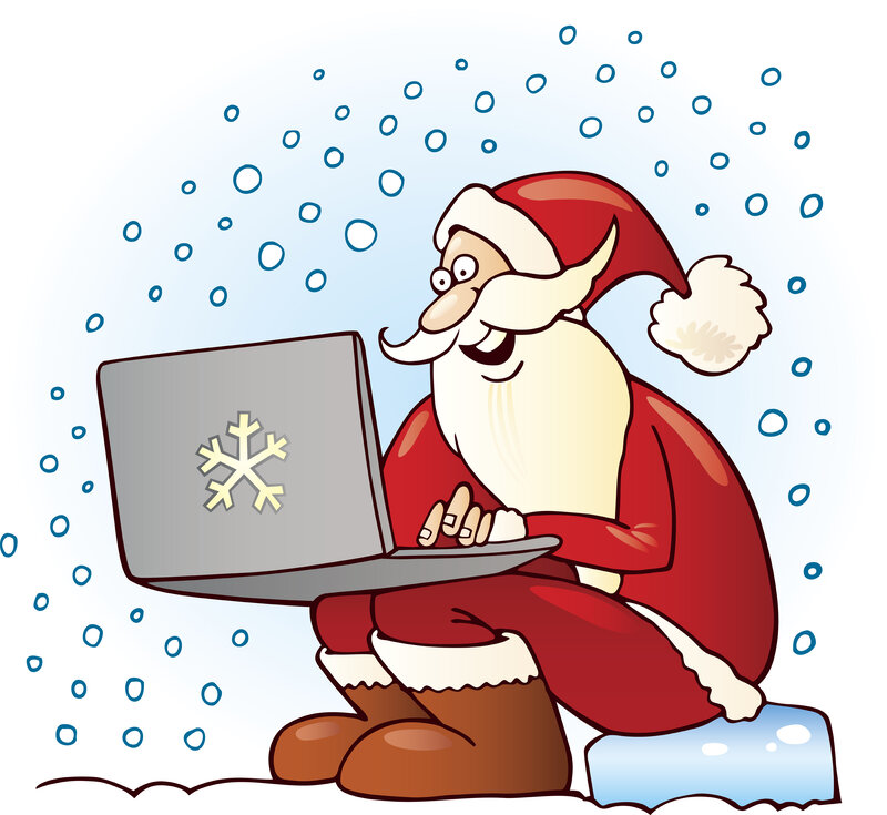 Santa Claus Using Laptop — Red, Festive, Winter, Illustration