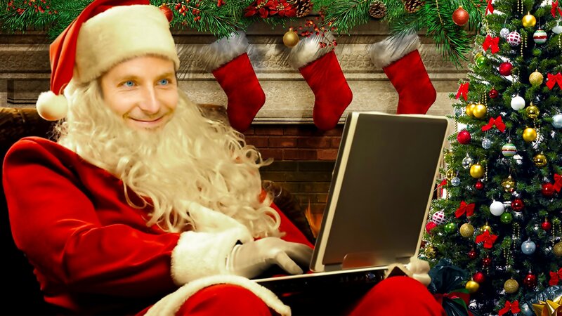 Santa Claus Using Laptop — Red, Festive, Winter
