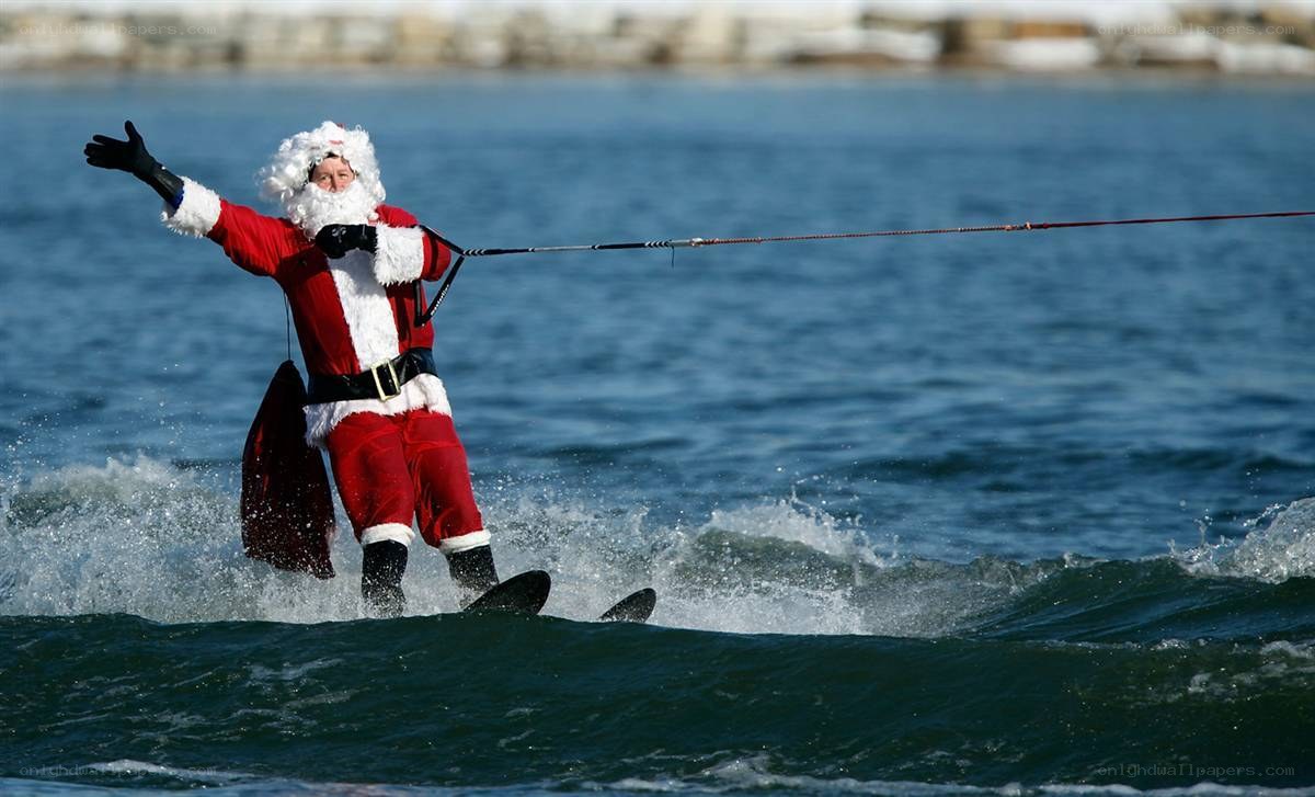 Santa Claus water skiing