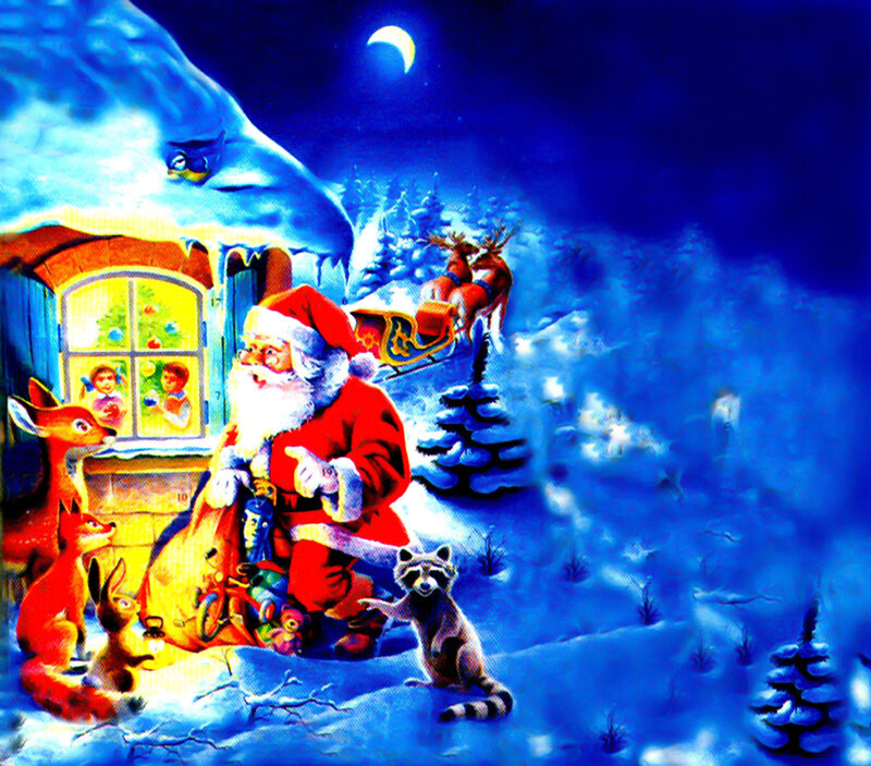 Santa Claus with Animals — Blue, Festive, Night