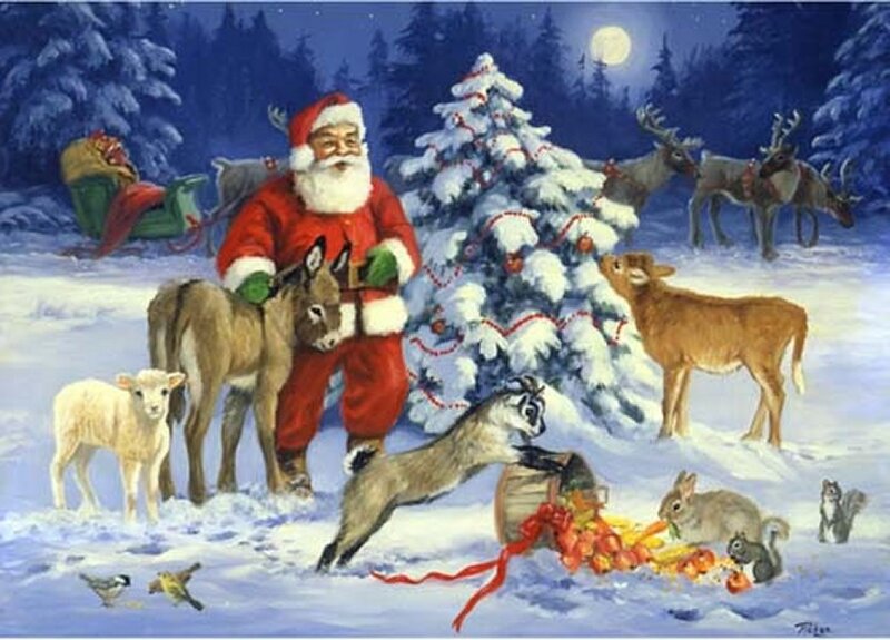 Santa Claus with Animals — Blue, Festive