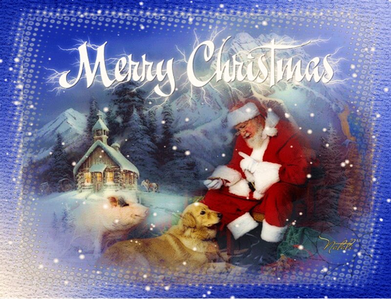 Santa Claus with Animals — Blue, Festive, Winter, Digital Art