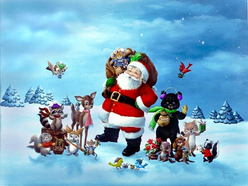 Santa Claus with Animals — Blue, Festive, Winter, Illustration, Snow
