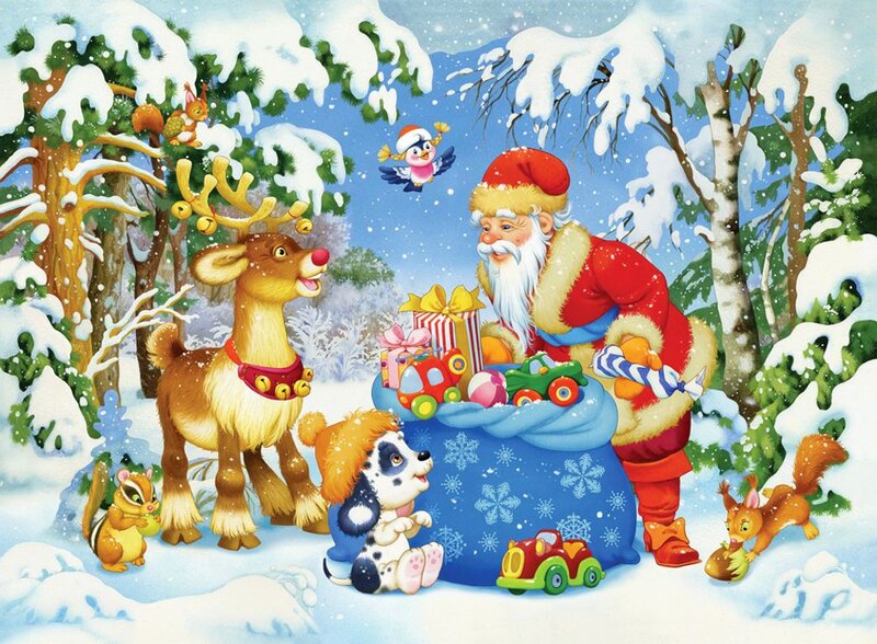 Santa Claus with Animals — Blue, Festive, Winter, Illustration