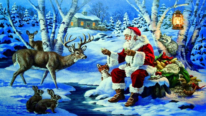 Santa Claus with Animals — Blue, Peaceful