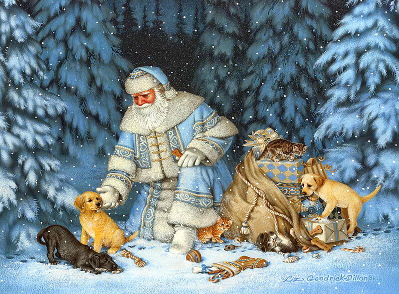 Santa Claus with Animals — Blue, Peaceful, Winter