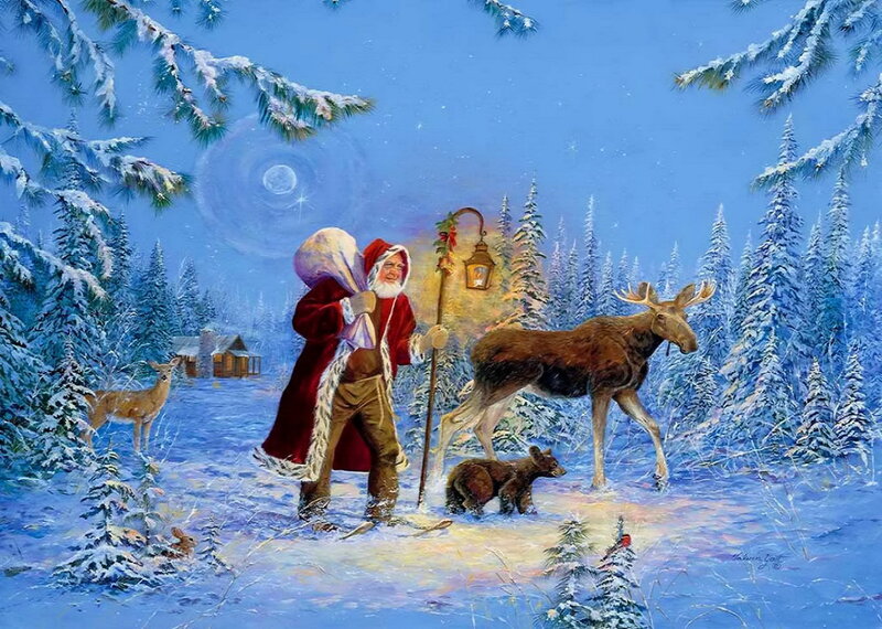 Santa Claus with Animals — Blue, Serene