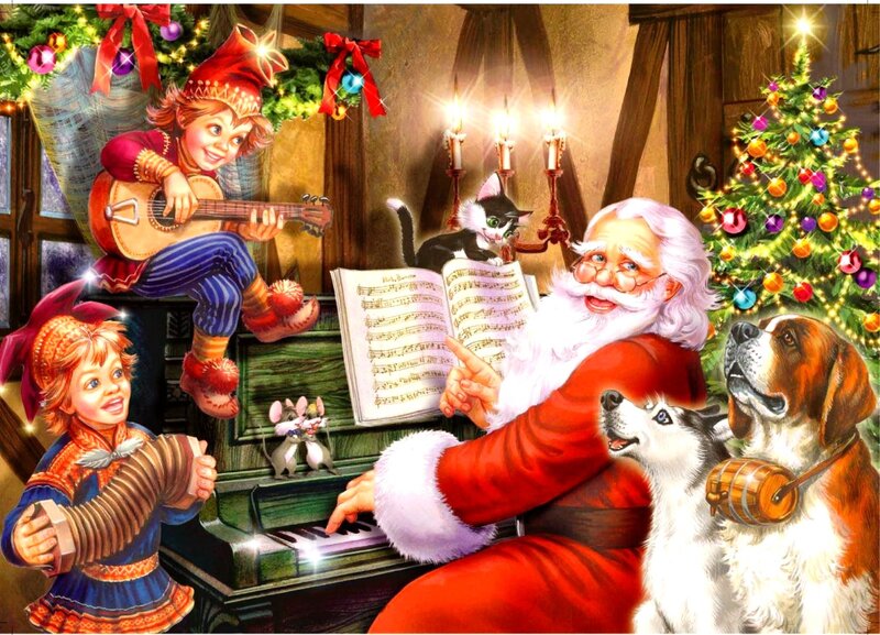 Santa Claus with Animals — Red, Festive, Winter, Illustration, Children