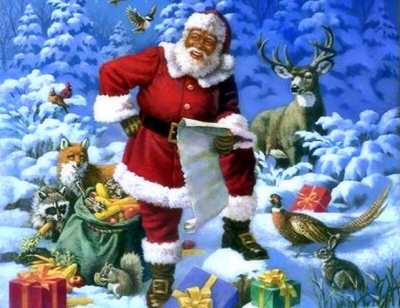 Santa Claus with Animals — Red, Festive, Winter, Illustration, Deer, Fox, Raccoon