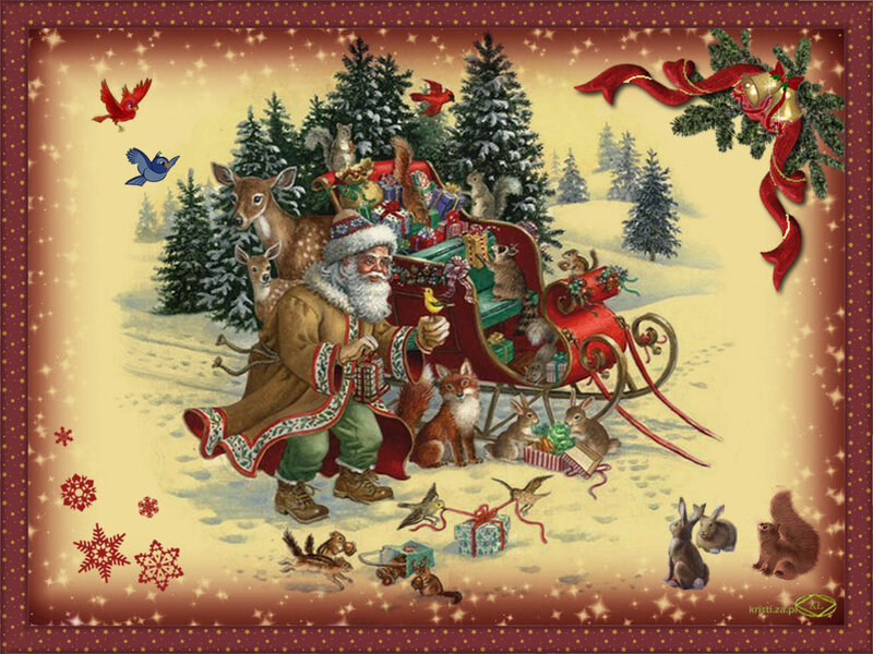 Santa Claus with Animals — Red, Festive, Winter, Illustration, Deer