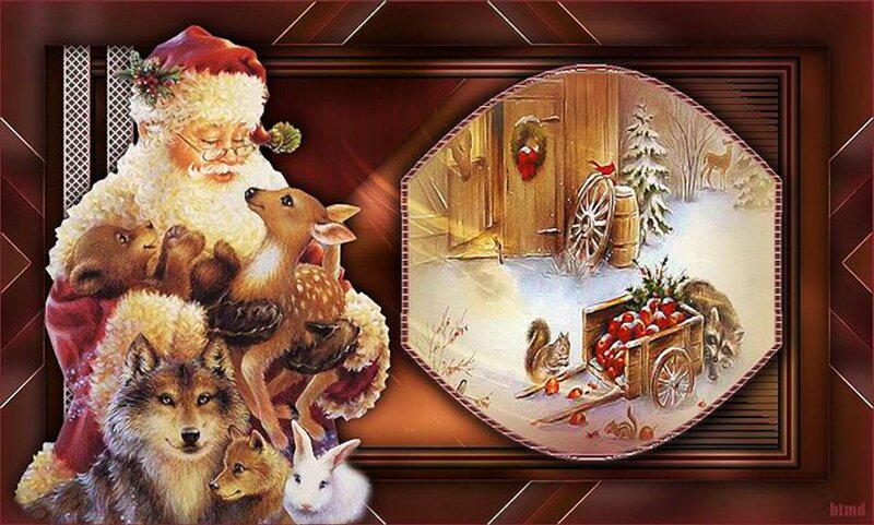 Santa Claus with Animals — Red, Festive, Winter, Illustration, Deer, Wolf