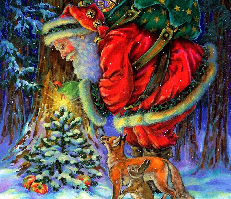 Santa Claus with Animals — Red, Festive, Winter, Illustration, Fox