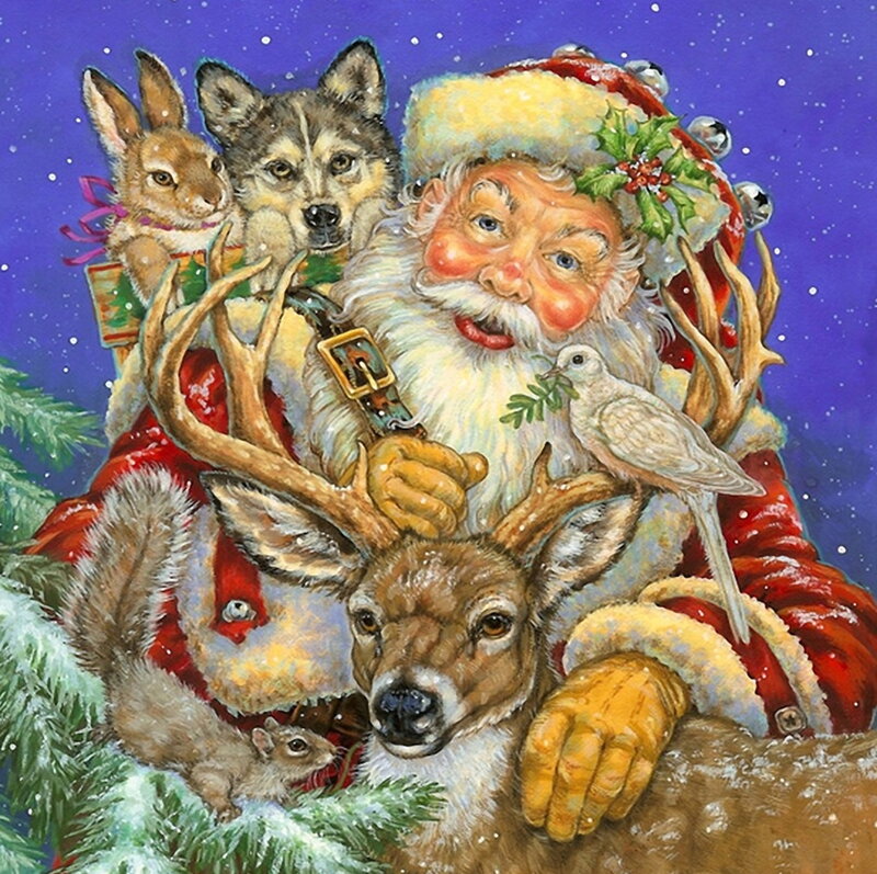 Santa Claus with Animals — Red, Festive, Winter, Illustration