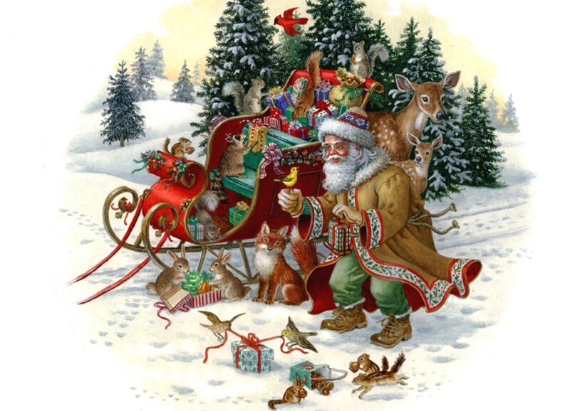 Santa Claus with Animals — Red, Festive, Winter