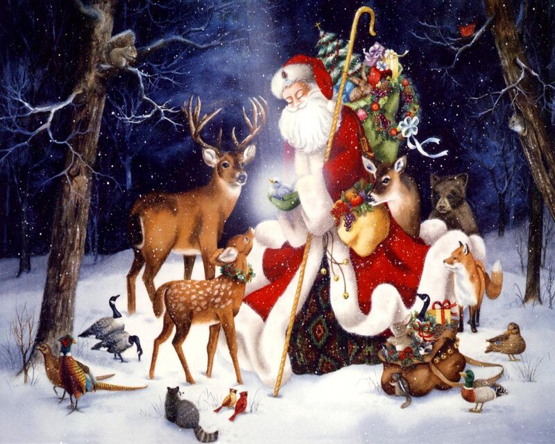 Santa Claus with Animals — Red, Peaceful, Night