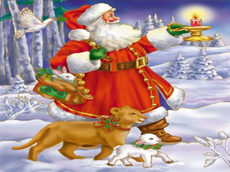 Santa Claus with Animals — Red, Peaceful