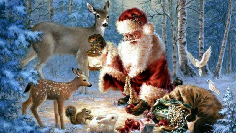 Santa Claus with Animals — Red, Peaceful, Winter