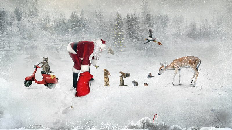 Santa Claus with Animals — White, Magical