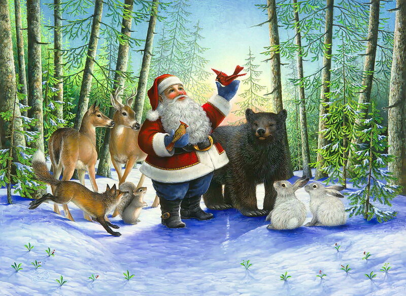 Santa Claus with Animals — White, Peaceful