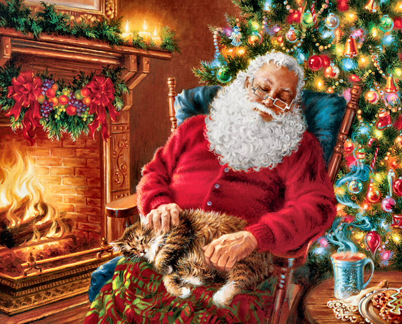 Santa Claus with Cat — Red, Cozy, Winter, Illustration