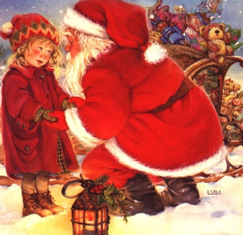 Santa Claus with Child — Red, Festive, Winter, Illustration, Sleigh, Lantern