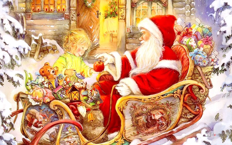 Santa Claus with Child — Red, Festive, Winter, Illustration, Sleigh