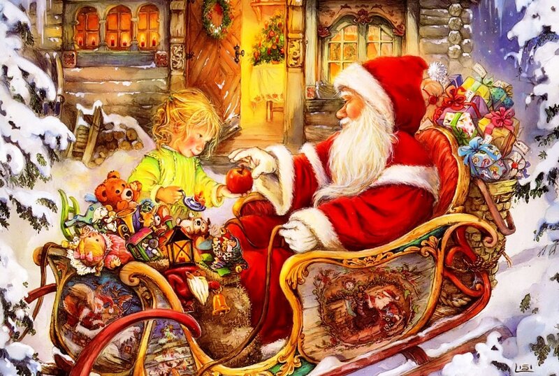 Santa Claus with Child — Red, Festive, Winter, Illustration