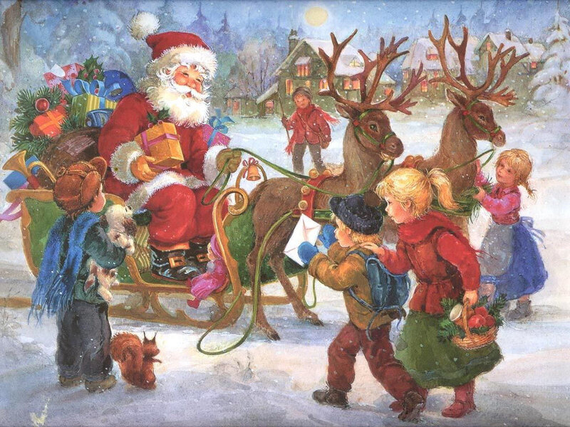 Santa Claus with children and reindeer