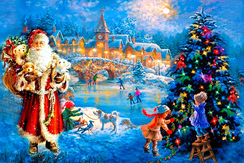 Santa Claus with Children — Blue, Festive, Night, Painting
