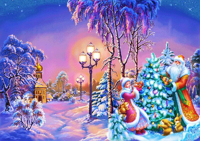 Santa Claus with Children — Blue, Festive, Night