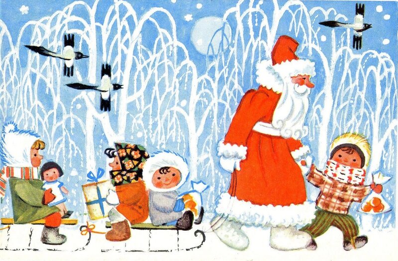 Santa Claus with Children — Blue, Festive, Winter, Illustration, Birds