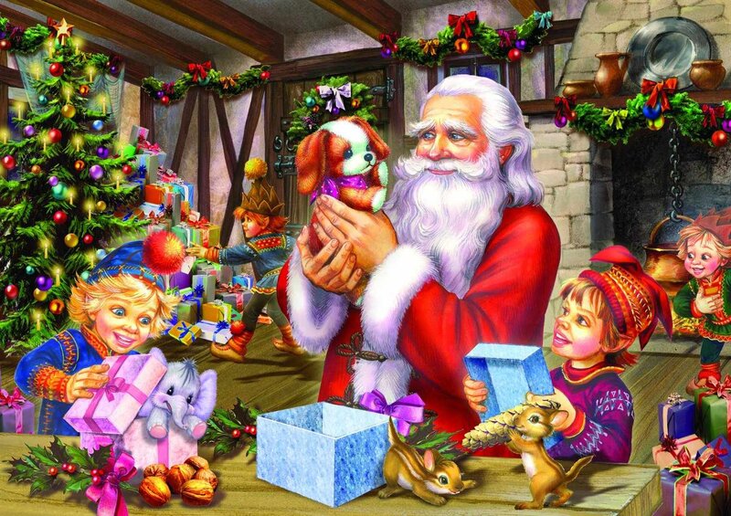 Santa Claus with Children — Red, Festive, Winter, Illustration, Christmas Tree, Gifts, Elves
