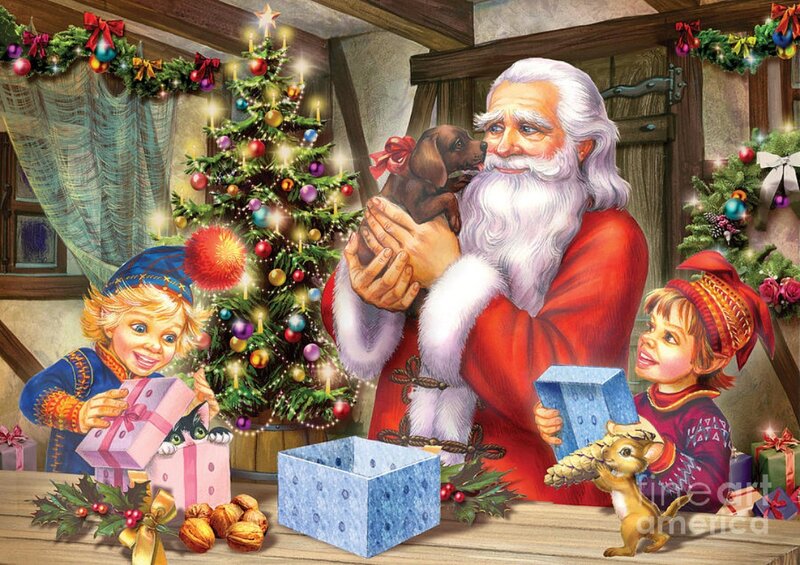Santa Claus with Children — Red, Festive, Winter, Illustration, Dog