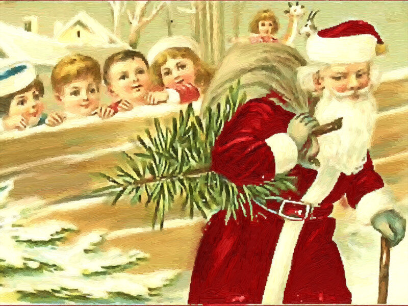 Santa Claus with Children — Red, Festive, Winter, Illustration, Sack