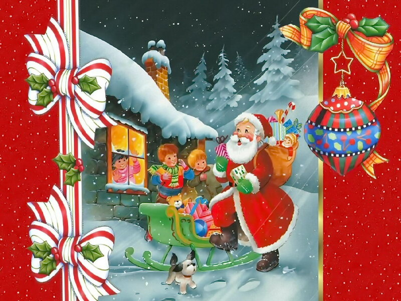 Santa Claus with Children — Red, Festive, Winter, Illustration, Sleigh