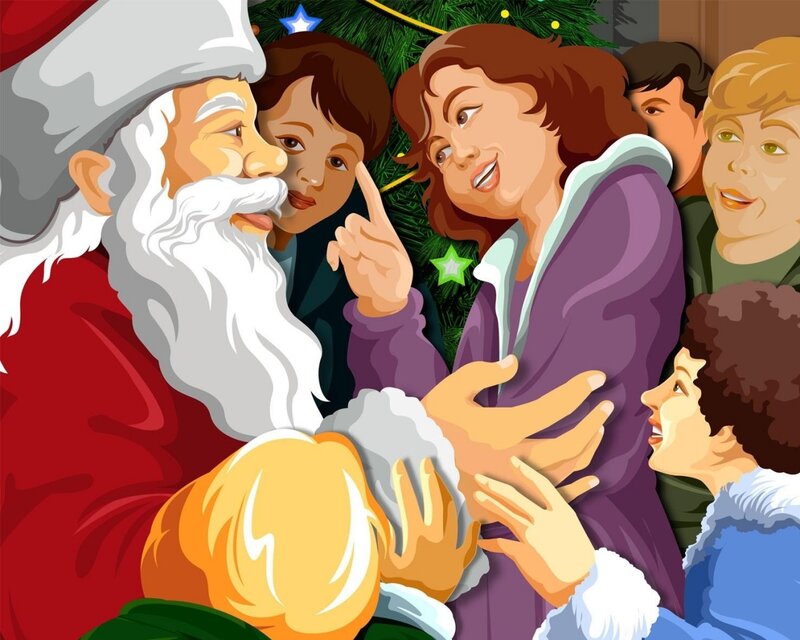 Santa Claus with Children — Red, Festive, Winter, Illustration