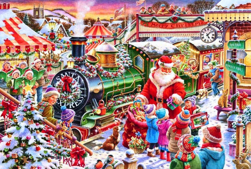Santa Claus with Children — Red, Festive, Winter, Illustration, Train, Christmas Tree