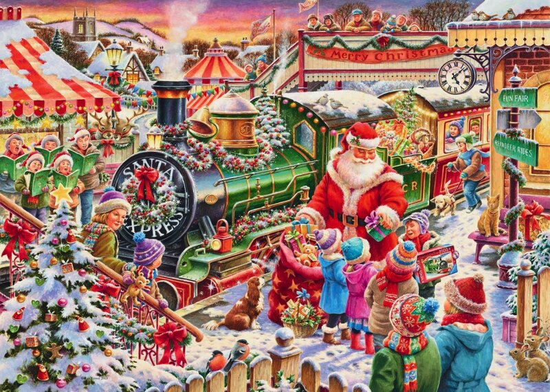 Santa Claus with Children — Red, Festive, Winter, Illustration, Train